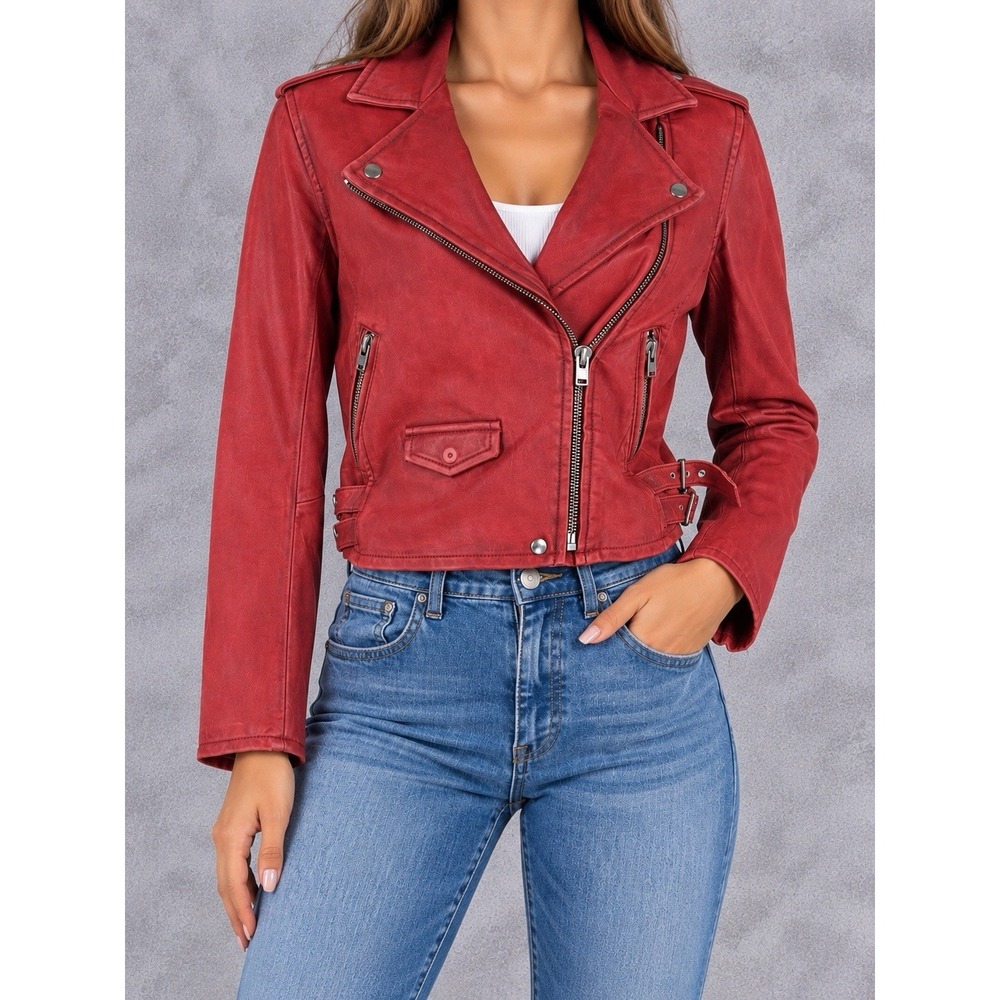 IRO Ashville Leather Moto Jacket Womens 38 Red Biker Asymmetrical Belted Zip